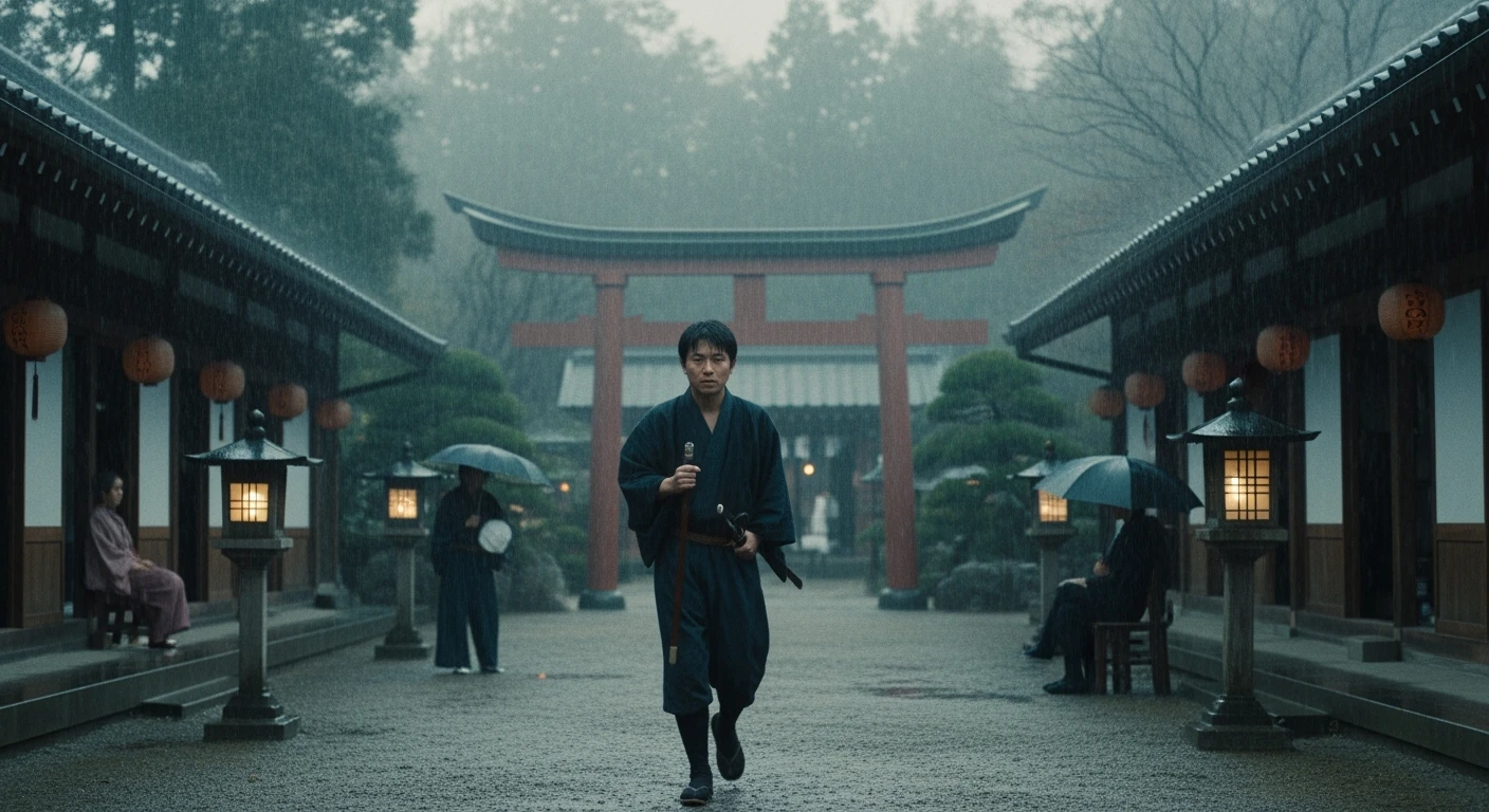 A story set in Japan in 1185, in the style of Wes Anderson, with symmetrical framing, pastel-toned rain, and cinematic depth of field, captured as if by an Arri Alexa. Each scene is a wide shot with motion blur, a rainy atmosphere, and tense mood, visually connecting all slides. emoji