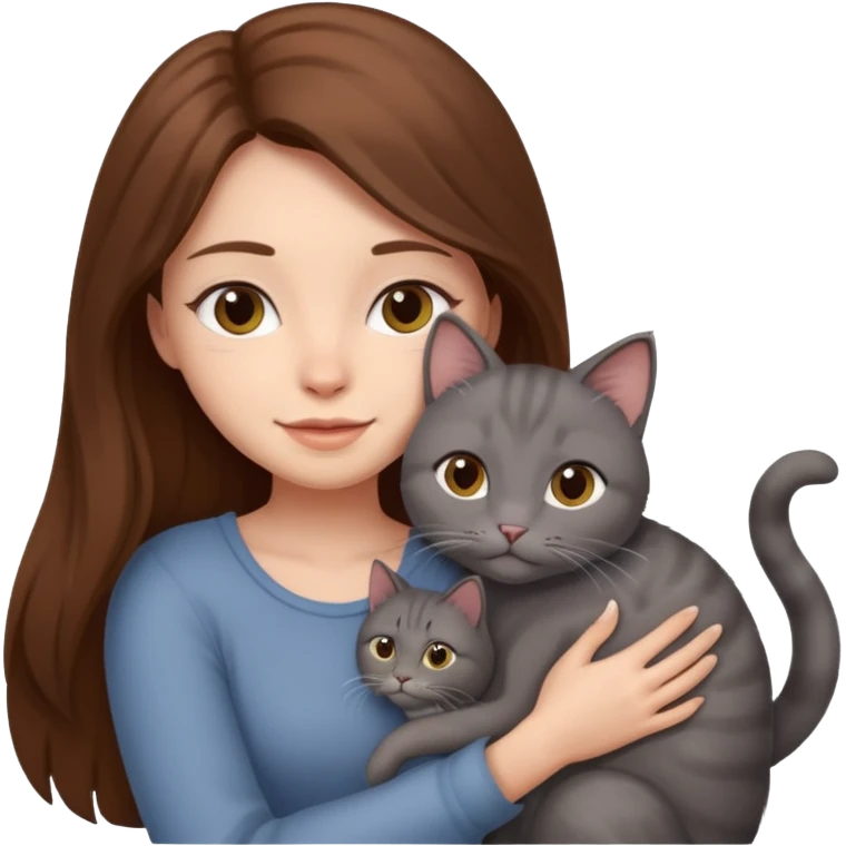 woman hug with one gray cat, brown long hair emoji
