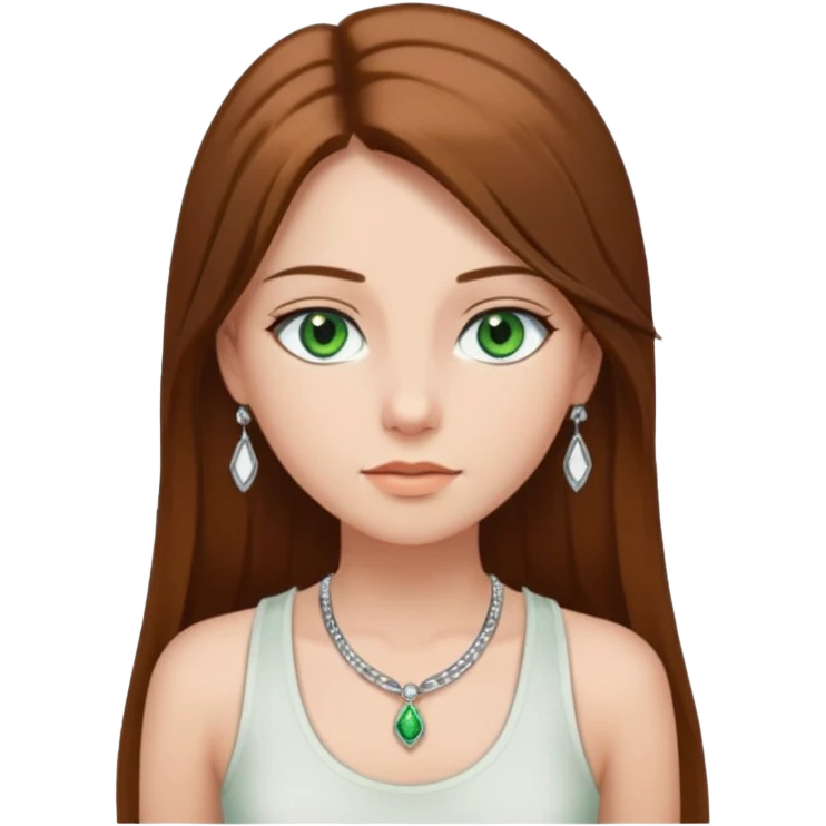 A girl with long brown straight hair, green eyes, and a white tank top; she doesn't have bangs. she wear a lot of silver jewerly  emoji