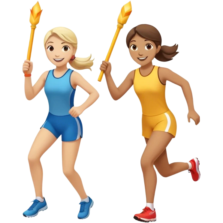 Show two smiling team members passing of bright baton in a relay race. One male to 1 female. Show one baton passing from the male’s hands to the females smoothly  emoji