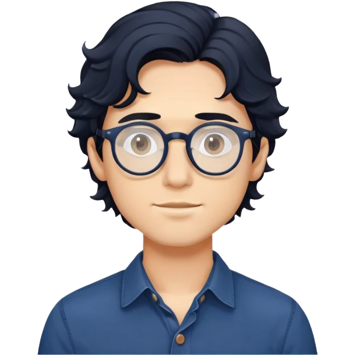 Torso view of young man with longer wavy black hair, round glasses, dark blue casual buttoned shirt emoji