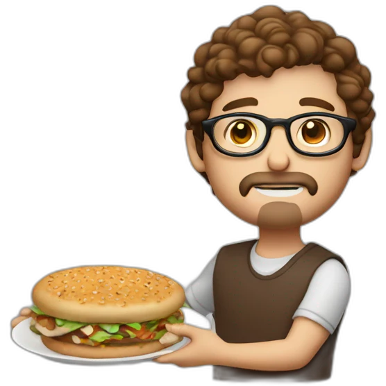 brown hair white guy with little mustache and goatee using round glasses with meal in hands emoji