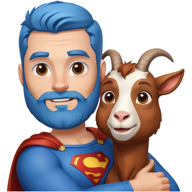 Adult Superman with redish brownish full beard with his arm around a blue hair happy goat emoji