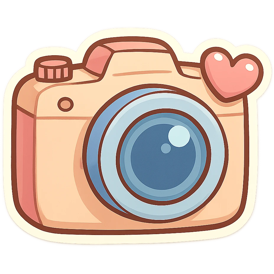 chibi sticker-style camera with a heart accent, cute and exaggerated emoji