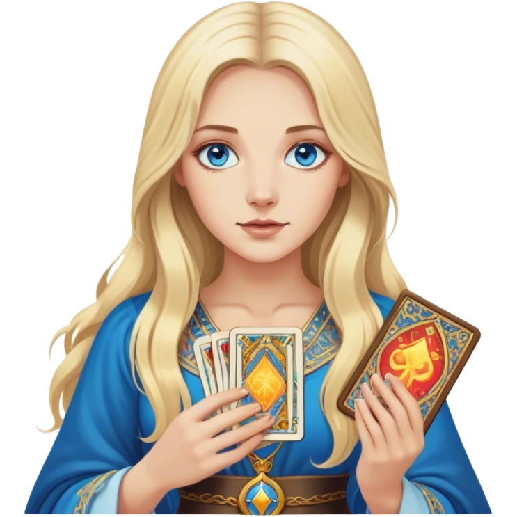 A realistic, modernly dressed blonde with long hair and blue eyes holds tarot cards in her hands emoji