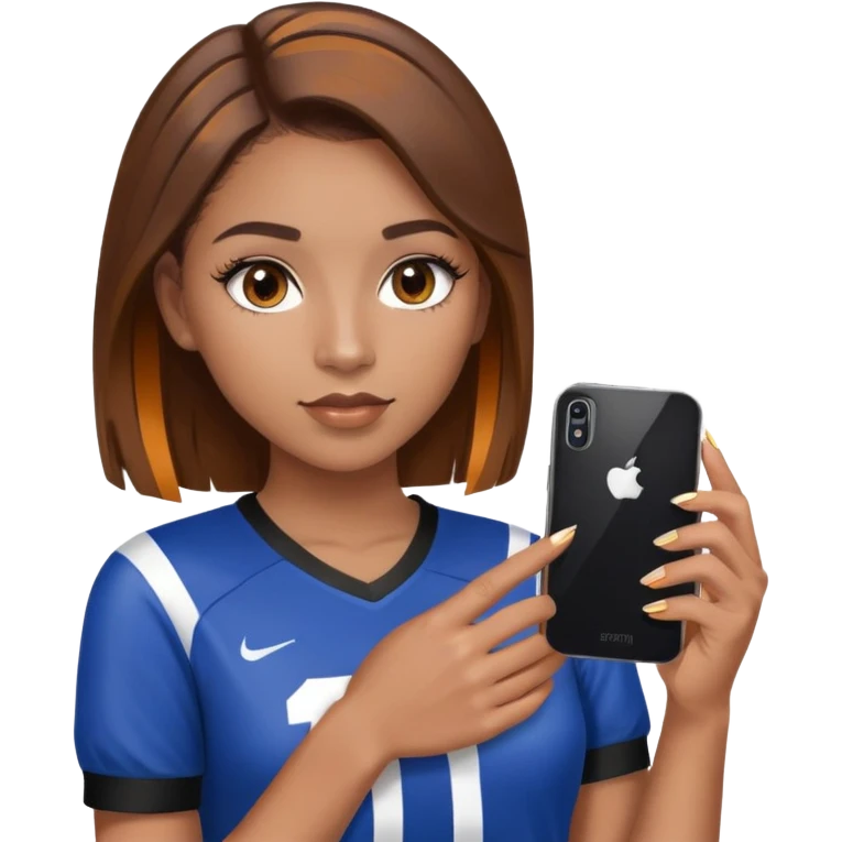 a girl with mixed race skin, brown hair (dark) with caramel highlights, acrylic nails, fake eyelashes, holding a phone. with a football shirt on (cropped) emoji