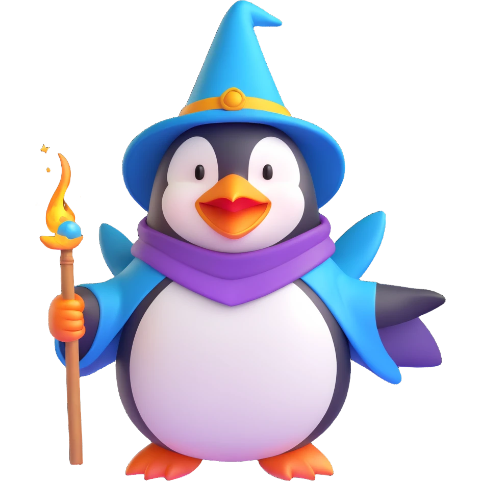 a penguin wizard casting a spell, 3D emoji style emoji