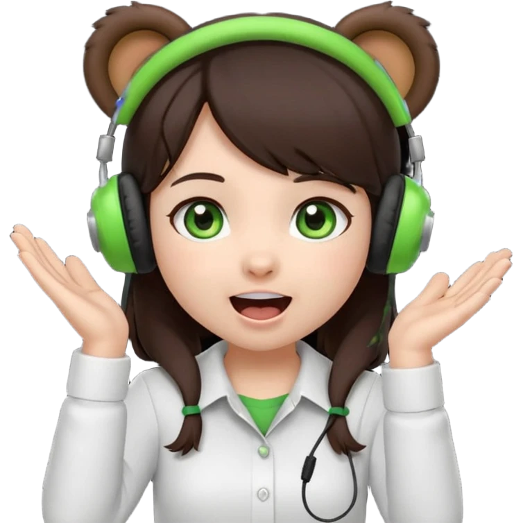 Animated emoji, Chibi girl, dark brown hair, green eyes, wearing a white shirt and small brown bear ears on a black headset, with wide happy surprised eyes and mouth and clapping excitedly emoji