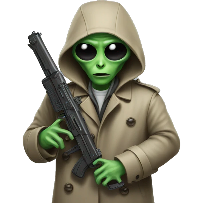 alien wearing trench coat while holding gun emoji