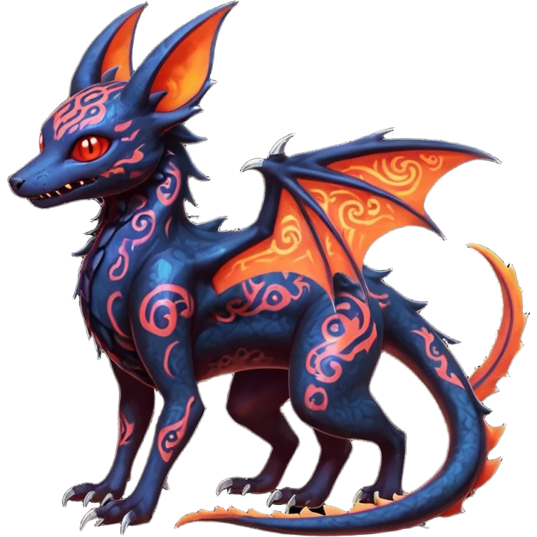 Shiny Fiery Dark Ugly Evil Realistic Glowing Eldritch Horror Cool Edgy Badass Emo Demonic Batty Dusky Ethereal Punky Aural Bioluminescent Hideous Canine-Litten-Amaura-Salandit-Noibat-Flareon-Fakémon-fusion (full body) with intricate pattern markings emoji