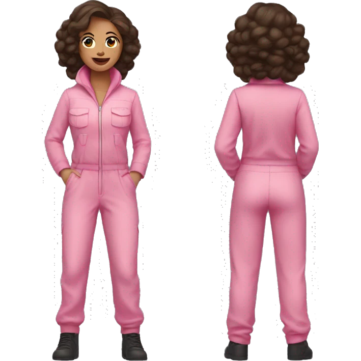 Woman dark brown hair  pink  full body jumpsuit flying emoji