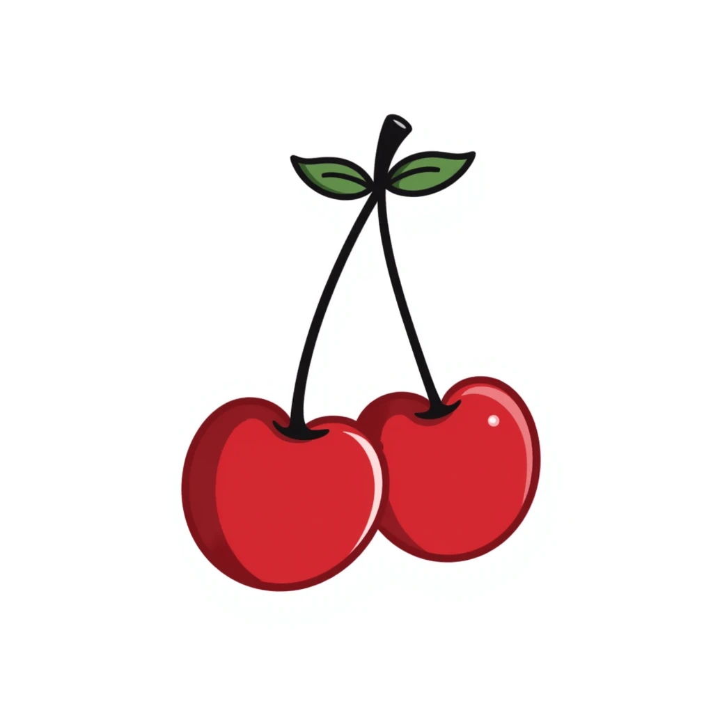 Hand-drawn two red cherries hanging from a thin branch with small leaves emoji