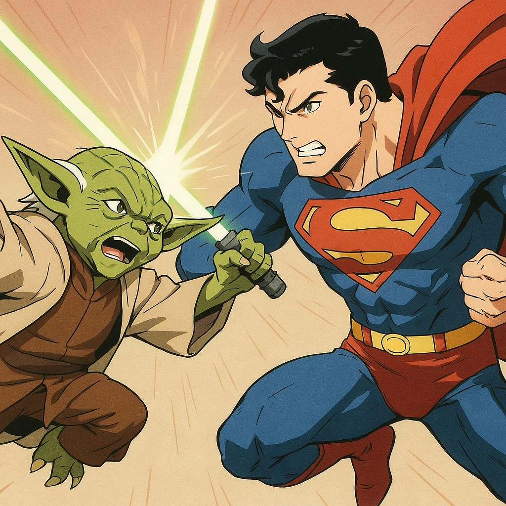 Anime style Yoda and Superman fighting, action scene, simple background emoji
