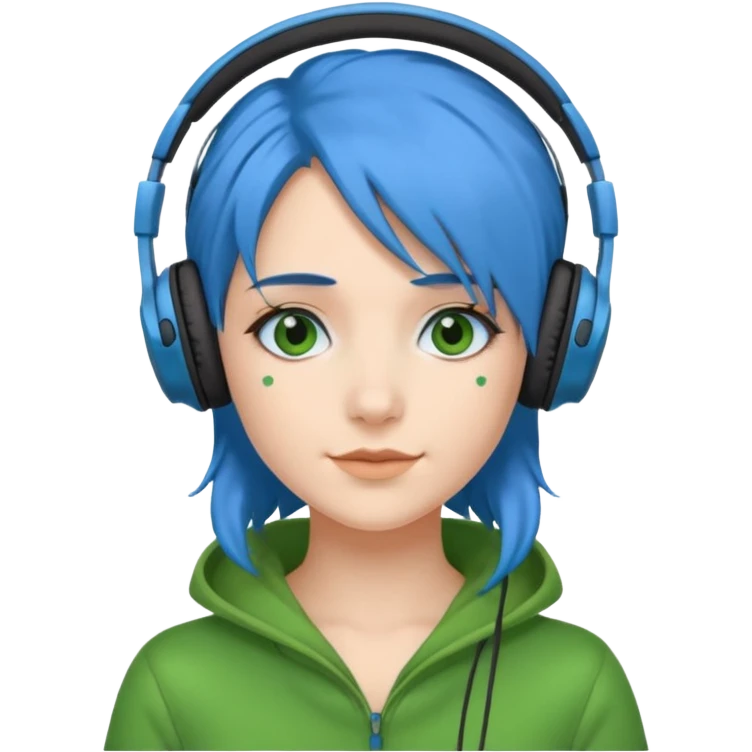 blue haired woman with headphone and green costumes  emoji