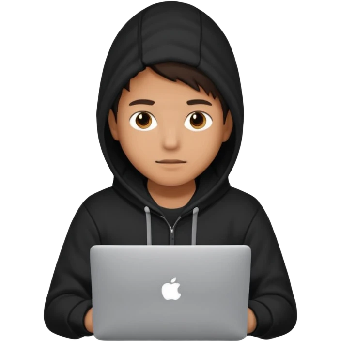 bald young programmer with MacBook wears huudy emoji