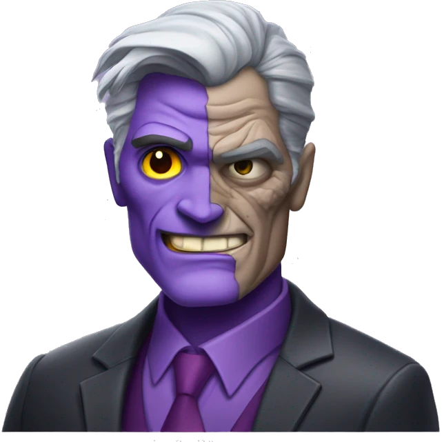 two-face, harvey dent, batman villian, right side of face purple, grey hair emoji