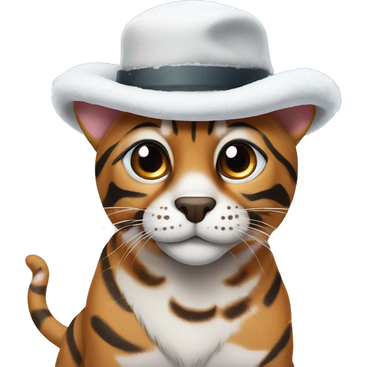Bengal wearing a hat with white patch of fur by his nose and he’s in the snow emoji