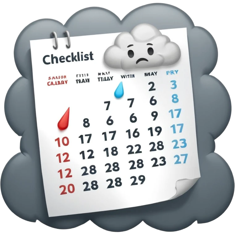 Minimalist emoji of a tilted, crumpled calendar page with faint, incomplete checklist marks, a small rain cloud dripping above it, and a dim, muted colour palette to symbolise a productivity slump and lost discipline. Flat vector style, soft shadows, transparent background emoji