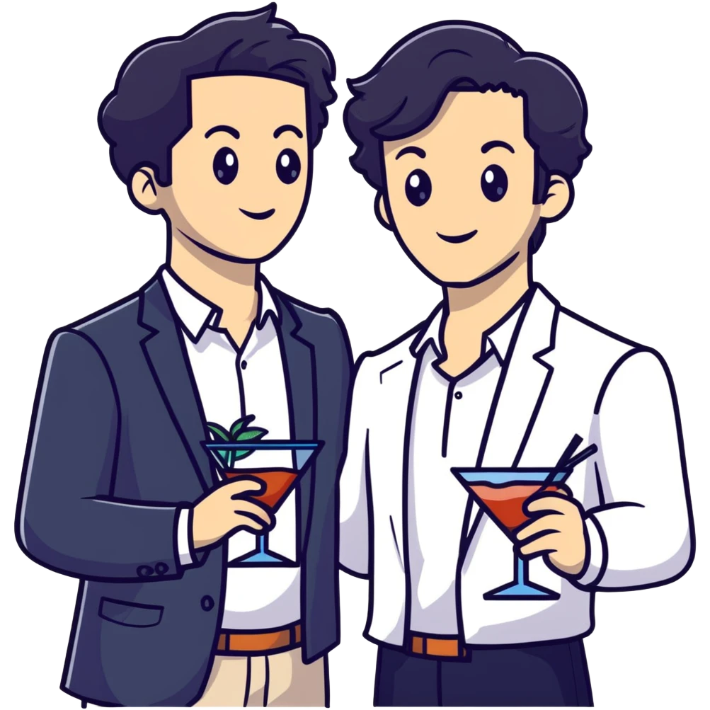 Management educator with black wavy hair, stubble, strong features, white skin, smart casual attire, mingling at a business networking reception, engaged in dynamic conversation with other professionals, cocktail event setting emoji