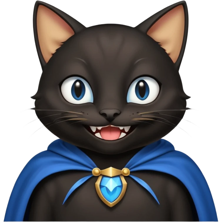 an all black anthropomorphic cat with blue eyes wears an all black cape and is smiling a mischievous sharp tooth grin emoji