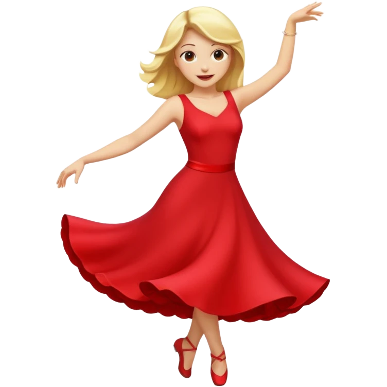 a yellow-blonde woman dancing wearing a red dress, in flat emoji / Apple style, smooth shapes, glossy highlights, bright saturated colors, simple features, minimal details, no outlines, red clothes flowing, joyful pose emoji