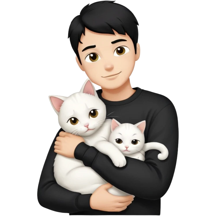 A bad boy with black hair wearing a sweatshirt happily hugs a white cat emoji