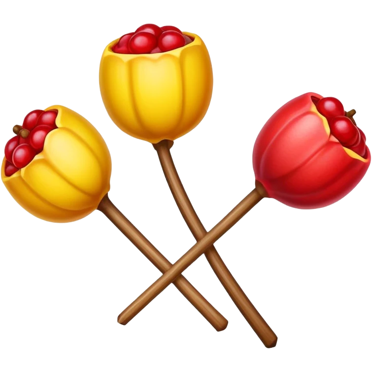 Tanghulu candied hawthorn fruits on wooden stick, simplified emoji style with bold outlines and bright colors, cartoon style shiny sugar coated Chinese street snack emoji