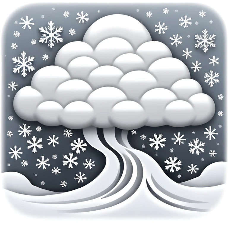 A powerful blizzard  storm cloud with heavy swirling snow, strong wind lines, flying snowflakes, dynamic motion. White and gray tones, bold but simple shapes. emoji