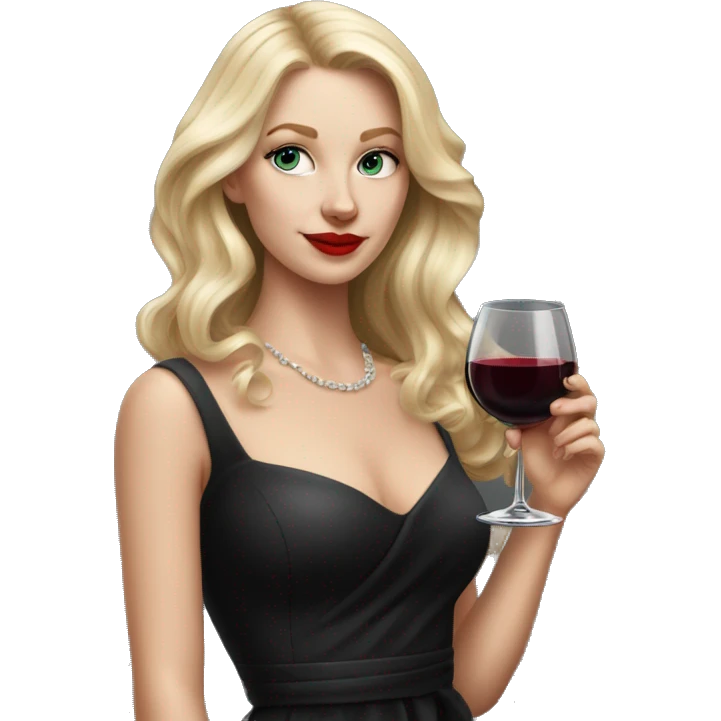 Blonde White girl in black Elegant dress with red wine, HYPER REALISTIC emoji