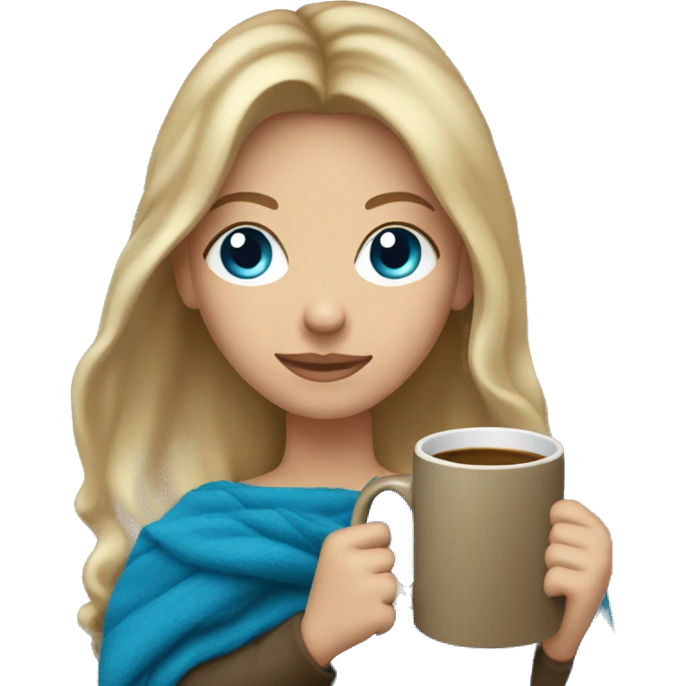 Dark blonde hair woman with blue eyes fall blanket holding mug emoji