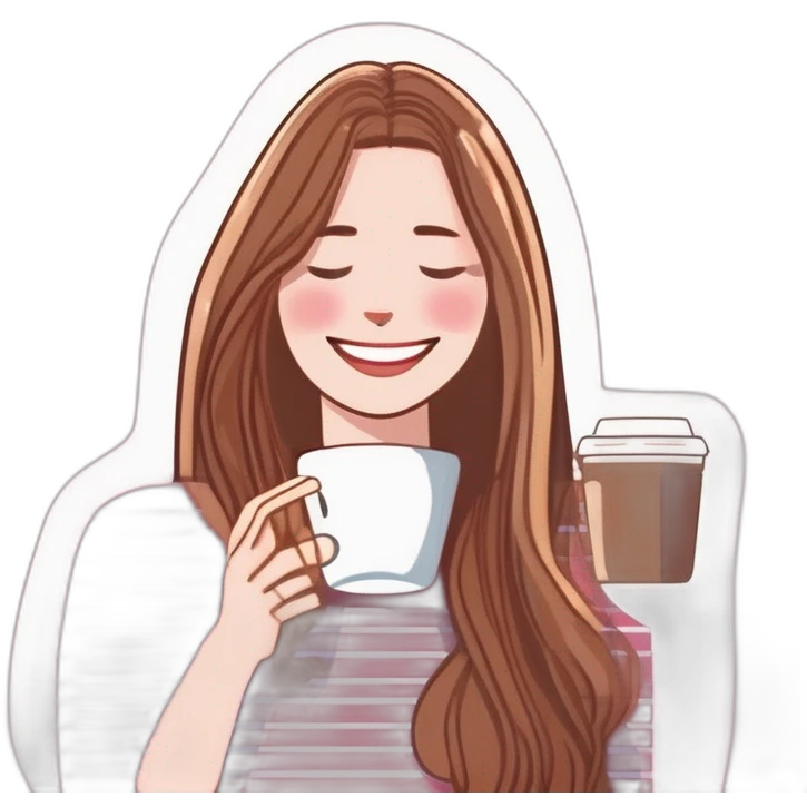 woman with pale skin and brown long thin straight hair wearing a white woolly shirt drinking coffee from a light pink takeaway cup eyes closed but smiling emoji