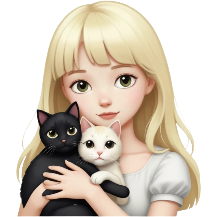pale girl with blonde hair and bangs hugging a black and white cat emoji
