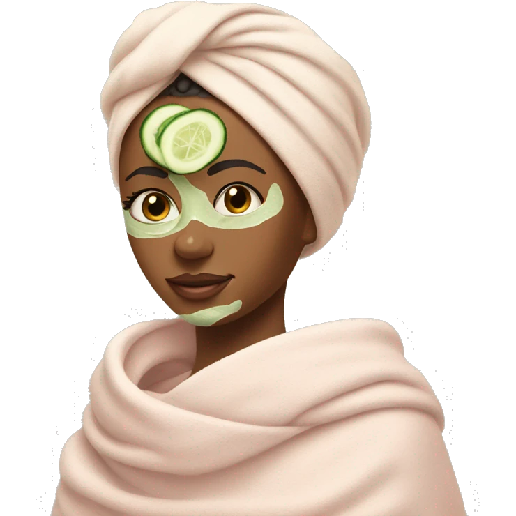 A serene face with an evenly applied green or pink clay mask and cucumber slices on the eyes and a towel wrapped up in her hair  emoji