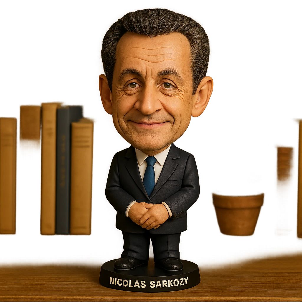 bobblehead style figure of Nicolas Sarkozy, French politician, suit and tie, oversized head, friendly expression emoji