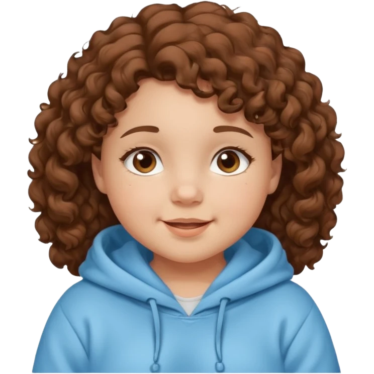 A girl with brown curly hair and chubby cheeks brown eyes and a happy face she has a baby blue hoddie emoji