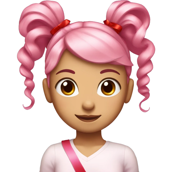 Girl with light pink hair and a ponytail supported by a red ribbon with long curly hair sides and pink eyes emoji