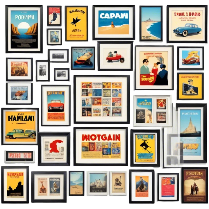 Icon for Photograph and Poster Collecting: a collection of photographs and movie posters, neatly displayed on a wall or in frames. The icon should evoke the nostalgia and artistic value of collecting rare images and posters. Transparent background. emoji