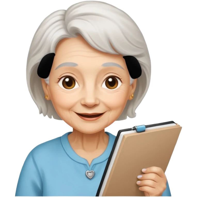 An elderly woman sketching, art board,nice picture, puppy face. emoji