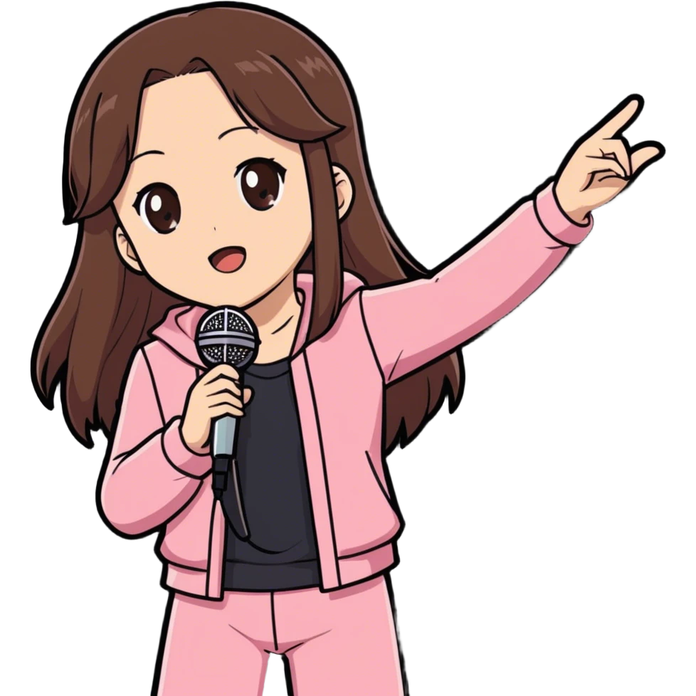 Super cool anime girl with brown hair looking gorgeous wearing pink and singing on stage  emoji