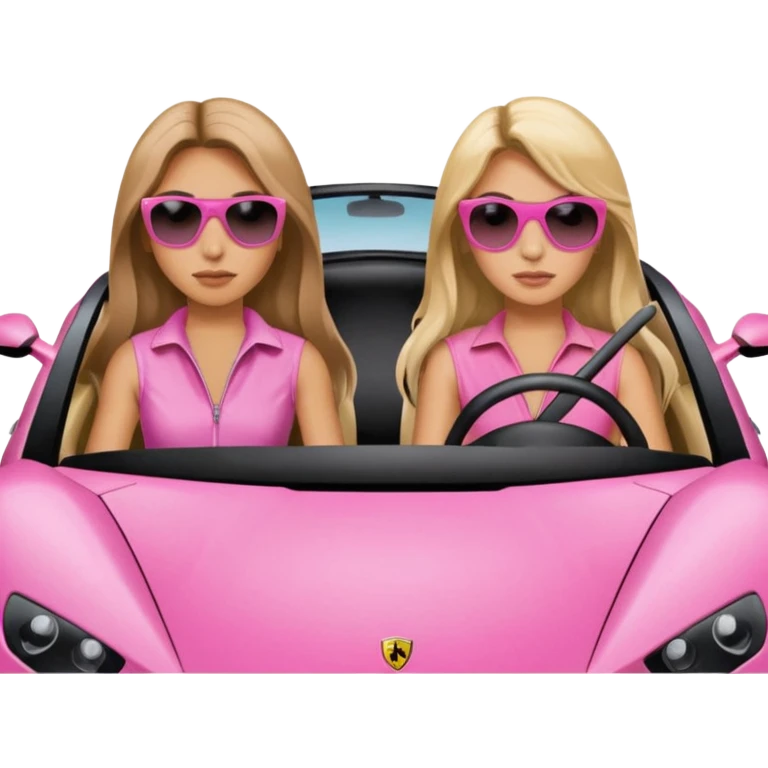 Make car far away so I can see full car Car facing forward in sports car. Make hair long  two girls in car far away Front of car sitting in the seats. Make it a pink sports car. They are two baddies make it a Lamborghini pink car  emoji