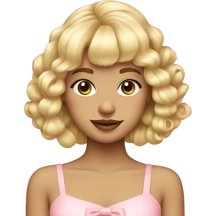blonde girl with bangs and ringlets with pastel pink bows in hair emoji