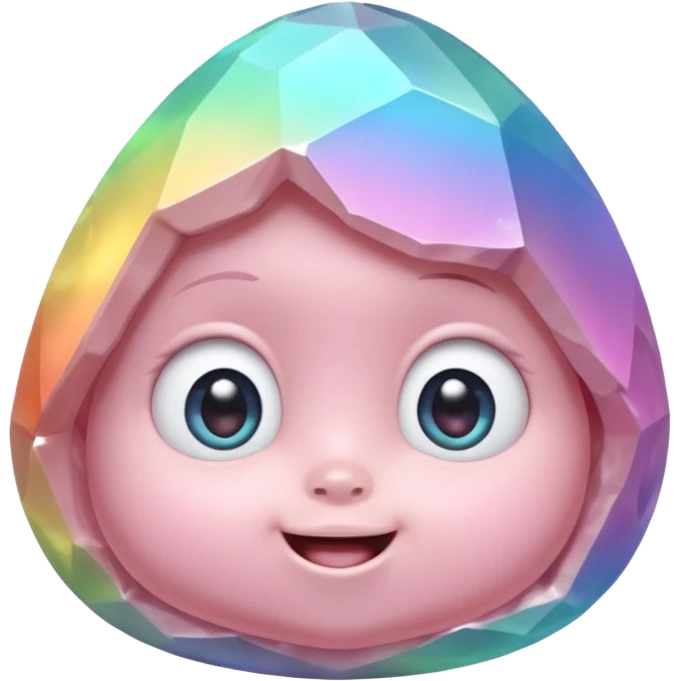 One pastel rainbow quartz rock baby character, small round faceted head, smooth but clearly rock-like, soft iridescent reflections, huge eyes and tiny smiling mouth, 3D render, high detail, plain dark background, no extra objects emoji