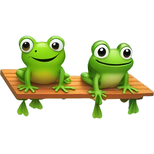 A frog sitting on a lawn chair while another frog is jumping off a diving board into a pool  emoji