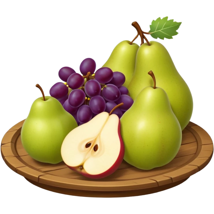 medieval fruit platter object icon, sliced apples and pears, grape clusters, rustic plate, fresh juicy look, 3D cartoon, mobile game icon style, clean background, no text, no watermark
 emoji