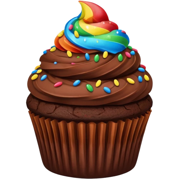 chocolate cupcake with chocolate frosting and rainbow sprinkles emoji