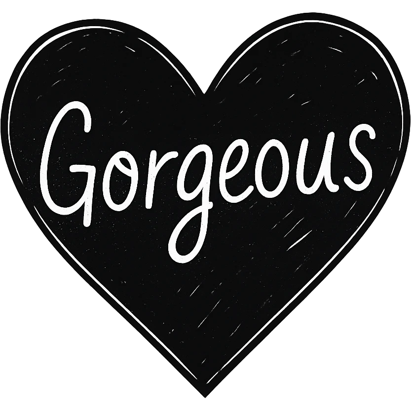 the word 'Gorgeous' in white handwriting across a black heart, hand-drawn style, high contrast emoji