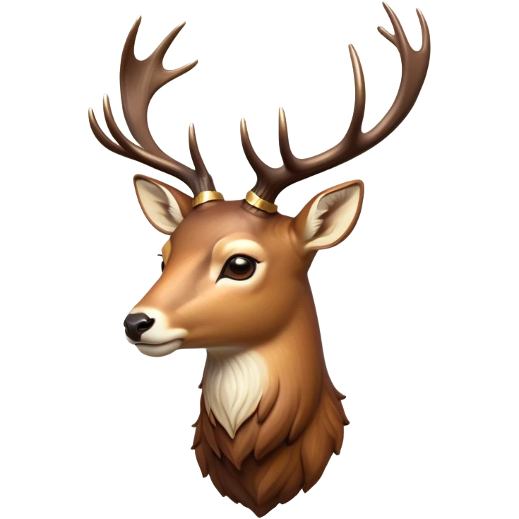 Cinematic Noble Deer Portrait Emoji, Poised and regal, with a graceful, slender build and a dappled Fur of warm browns and creams, elegant antlers crowning its head, deep-set soulful gentle eyes, Simplified yet sharp and sophisticated features, highly detailed, glowing with a soft, dignified glow, high shine, intelligent and serene, stylized with an air of forest majesty, focused and attentive, soft glowing outline, capturing the essence of a watchful woodland guardian, so majestic it feels as though it could gracefully leap out of the screen with effortless authority! emoji