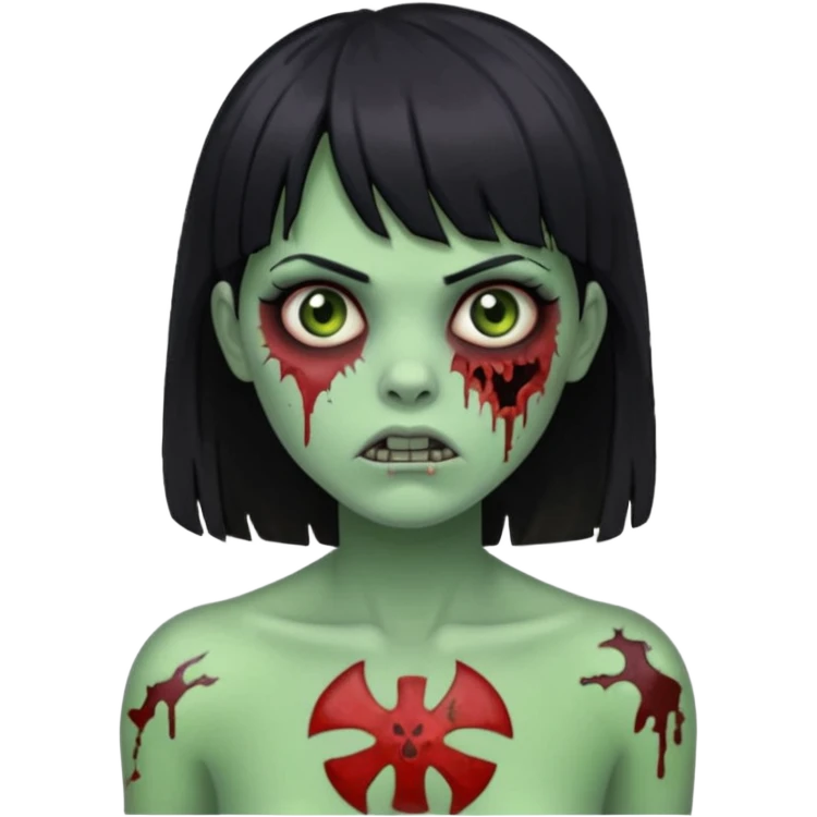 Um zumbi feminino, com cabelo preto e franja, machucados pelo rosto e torso, fundo escuro destacando o rosto com sombras pele verde emoji