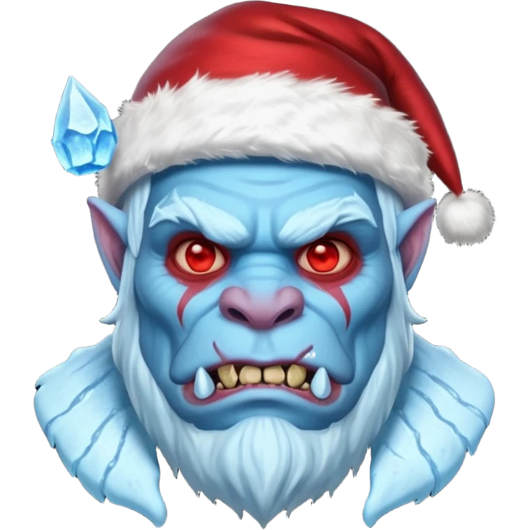 Fantasy orc portrait emoji, Santa Claus hat with icy texture, frozen scar glowing deep red against icy blue skin tones, primal winter survival theme, restrained detail, clean readable emoji style, male/female variant
 emoji