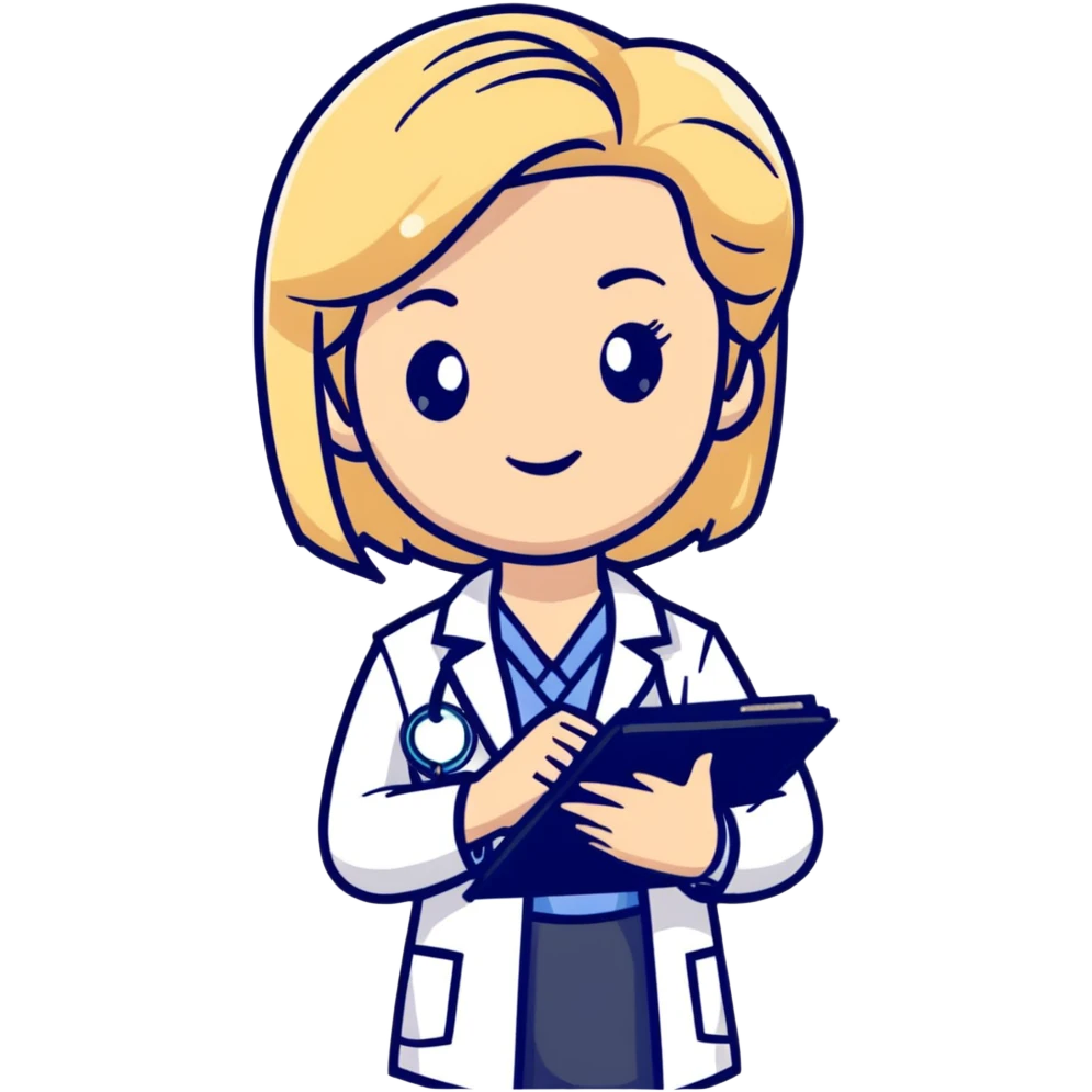 blonde female doctor in white coat with clipboard emoji